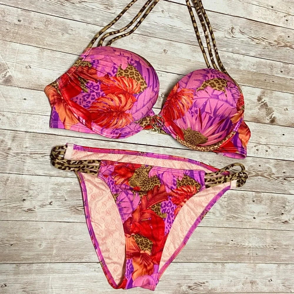 NEW Victoria’s Secret Floral Tropical Leopard Bombshell Bikini Set 34B/Small